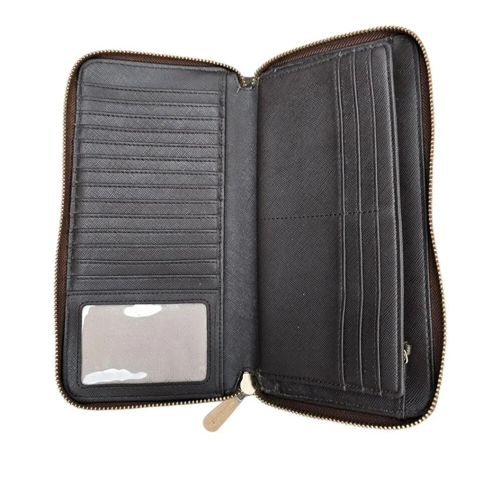 Michael Kors Jet Set Travel Checkered Large Continental Zip Wallet COA Blk Brown